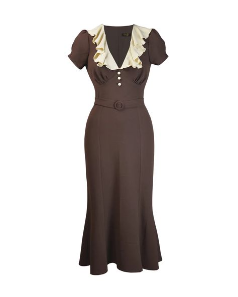 1930s Blondell Dress - Chocolate Brown – House of Foxy England Dress, 1930s Fashion Women, 1930's Dresses, Vintage Fashion 1930s, 1930s Style, Defined Waist, 30s Fashion, Aesthetic Grunge Outfit, Flutter Dress