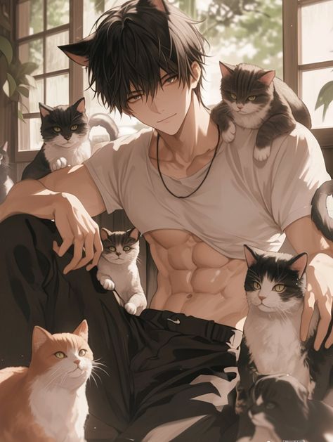 Cat Boy Art, Men With Cats, Anime Cat Boy, Anime Guy, Hot Anime, Cat Boys, Anime People, Anime Cat, Grunge Hair