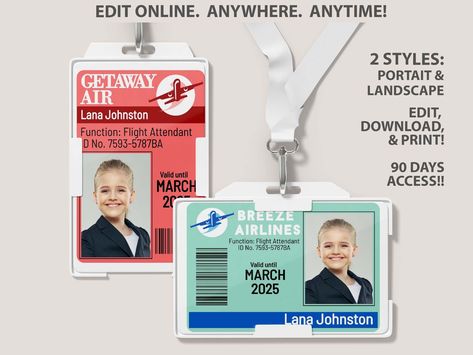 A durable, professional ID badge for flight attendants that includes their name, photo, and flight attendant#fontinspiration #copyandpastefonts #typographylove #designresources #fontobsessed Airport Decorations, Airport Party, Copy And Paste Fonts, Purim Costumes, Aviation Nation, Airline Uniforms, Favour Tags, Elegant Font, Party Favor Tags