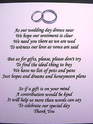 20 Wedding poems asking for money gifts not presents Ref No 4 in Cards & Invitations | eBay Simple Wedding Invitation Wording, Wedding Gift Poem, Wedding Wording, Wedding Gift Money, Money Gifts, Wedding Poems, Honeymoon Fund, Wedding Money, Wedding Quotes