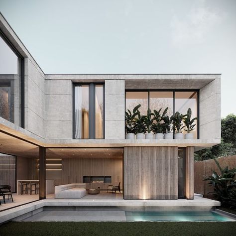 Concrete Contemporary House, Minimalist Architecture Exterior, Concrete Minimalist House, Concrete House Exterior, Concrete Villa, Villa Facade Design, Modern Villa Exterior, Concrete House Design, Celebrity Home