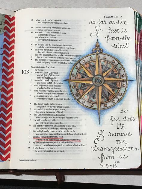 Psalm 103:12....as far as the east is from the west, so far does He remove our transgressions from us. Sherrie Bronniman - Art Journaling:  In My Bible. Scripture Art Journaling, Psalm 103, Compass Art, Bible Psalms, Bible Drawing, Creative Bible, Bible Journaling Ideas Drawings, Bible Journal Notes, Bible Doodling