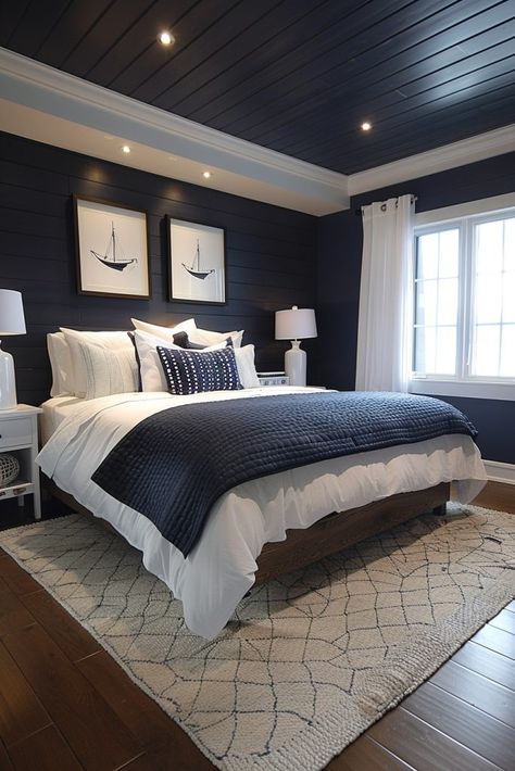 29 Minimal Blue Bedroom Ideas 21 Navy Bedrooms, Navy Blue Bedrooms, Blue Accent Walls, Blue Bedroom Decor, Moody Bedroom, Coastal Bedrooms, Coastal Bedroom, Gray Bedroom, Blue Bedroom