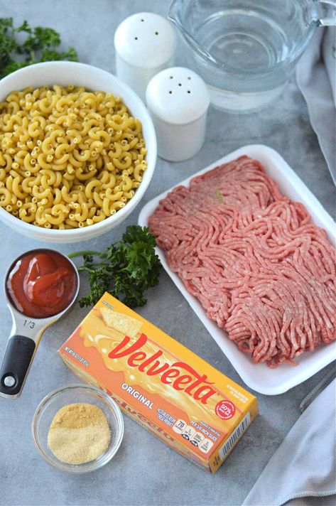 Velveeta hamburger helper from scratch is an easy cheap one pot meal that's family friendly. Homemade cheeseburger helper in a skillet. At Home Hamburger Helper, Velveeta Hamburger Helper, Cheeseburger Helper, Hamburger Mac And Cheese, Homemade Velveeta, Creamy Cheesy Pasta, Homemade Cheeseburgers, Macaroni Recipes, Skillet Dishes