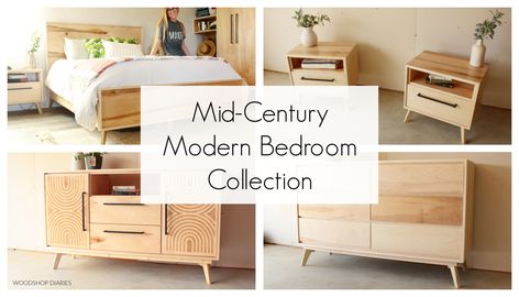 Diy Mid Century Modern Bed Frame, Diy Midcentury Modern Headboard, Diy Mcm Bed Frame, Mid Century Modern Furniture Plans, Bed With Box Spring, Diy Mid Century Modern Furniture, Diy Modern Bed, Modern Wood Headboard, Bedroom Console