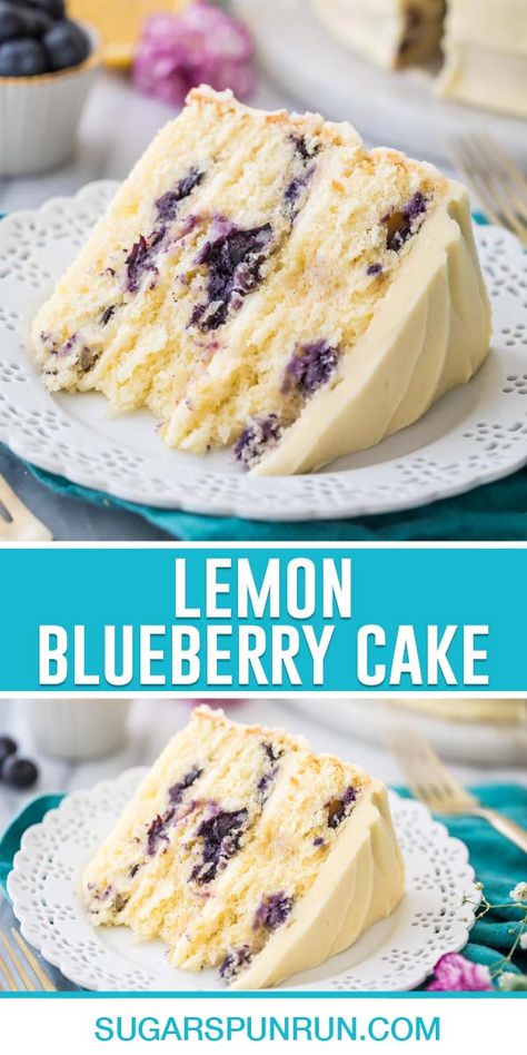 This Lemon Blueberry Cake is the perfect dessert for spring celebrations and get-togethers! Each layer is studded with blueberries and frosted with a bright and refreshing lemon icing. Recipe includes a how-to video! Lemon Blueberry Frosting Recipe, Lemon Blueberry Layer Cake Recipes, Blueberry Lemon Pound Cake Recipe, Lemon Confetti Cake, Lemon Blueberry Cake With Box Cake, Blueberry Icing Recipe, Lemon Blueberry Cake From Box Cake, Easy Blueberry Cake, Lemon Blueberry Layer Cake