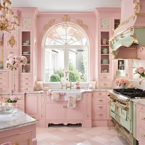 ADVERTISEMENT Pink Shabby Chic Kitchen, Pink Kitchen Aesthetic Vintage, Shabby Chic Design Interior, Dream Cottage Living Room, Light Pink And Green Kitchen, Luxury Pink Kitchen, Feminine Kitchen Design, Pink Cottage Kitchen, Pink Girly House