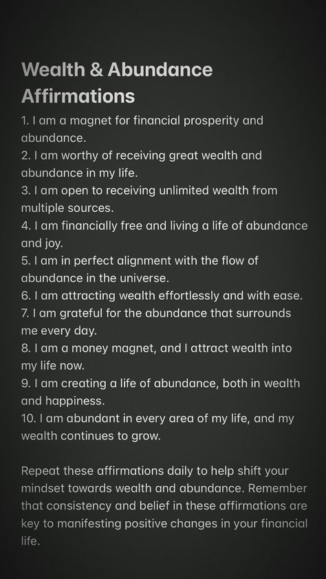 Repeat affirmations daily. The key is to feel it in your bones that this is your current reality. Vision Board Wealth, Affirmations For Wealth, King Midas, Law Of Assumption, Money Vision Board, Wealth Abundance, Healing Affirmations, Wealth And Abundance, Money Magnet