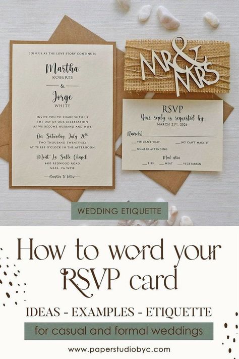 Are you stuck on what to write for your wedding RSVP cards? Finding the right wording that expresses the tone, style, and formality of your wedding can be hard. From examples of formal wedding invitations to destination weddings to alternative wording ideas, we have all the information you need to choose the right RSVP card message. Find more ideas here and let your guests know how to respond to your wedding invite! Wedding Rsvp Wording, Wedding Planning Checklist Timeline, Rsvp Wording, Ultimate Wedding Planning Checklist, Non Traditional Wedding Ring, Wording Ideas, Wedding Etiquette, Weddings By Color, Personalised Wedding Invitations