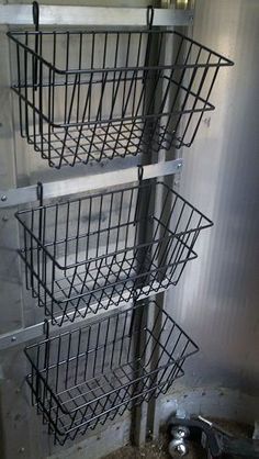 Wire Baskets with hooks, hang anywhere in the barn for neat storage More Tack Locker Organization, Locker Organization Ideas, Horse Trailer Organization, Tack Locker, Tack Room Organization, Horse Tack Rooms, Horse Trailer Living Quarters, Barn Hacks, Diy Horse Barn