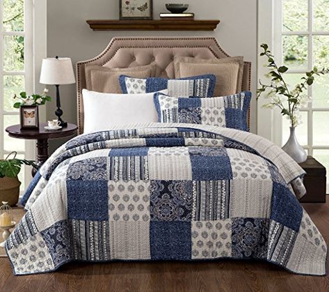 DaDa Bedding Patchwork Bedspread Set - Denim Blue Elegance Cotton Quilted - Bright Vibrant Multi Colorful Navy Floral - Queen - 3-Pieces Patchwork Bedspread, Floral Bedspread, Cotton Quilt Set, Classic Quilts, Lightweight Bedding, Cotton Bedspread, Patchwork Quilt Patterns, Houseboat, Quilted Bedspreads