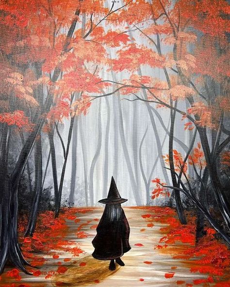 Follow the witch into the fire orange forest, if you dare! Halloween Sip And Paint Ideas Party, Step By Step Halloween Painting Canvas, Pinots Palette Paintings, Halloween Canvas Paintings, Orange Forest, Witch Painting, Pinots Palette, Fall Canvas Painting, Painting Parties