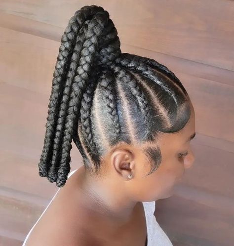 Polished Cornrows and Tight Ponytail Red Braided Ponytail, Two Goddess Braids, Tight Ponytail, Wrapped Ponytail, Goddess Braids Updo, Goddess Braid Styles, Goddess Twist, Scalp Braids, Half Braid