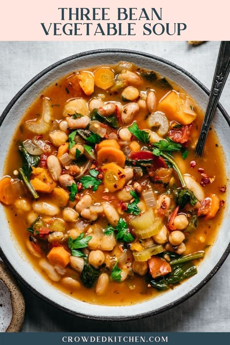 This hearty bean vegetable soup is made with three varieties of beans for a nourishing, filling vegan dinner. So cozy for a chilly evening and meal prep/freezer friendly! 3 Bean Soup, Soup Recipes Uk, Vegan Vegetable Soup, Bean And Vegetable Soup, Crowded Kitchen, Beans Vegetable, Bean Soup Recipe, Bean Soup Recipes, Vegan Soup Recipes