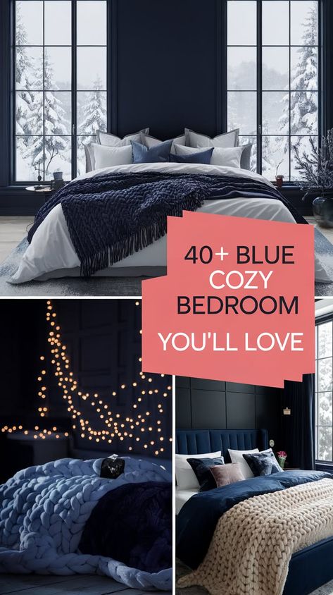 40+ Cozy Blue Bedroom Ideas for Ultimate Relaxation Blue Accent Wall Master Bed, Black And Light Blue Bedroom, Cozy Dark Blue Bedroom, Navy Bedding Aesthetic, Minimalist Bedroom Navy Blue, Slate Blue Bedroom Ideas, Denim Bedroom Ideas, Romantic Blue Bedroom, Blue Adult Bedroom