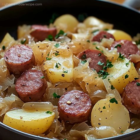 Polish Sausage, Sauerkraut, and Potatoes - A Hearty and Flavorful Dish - My Home Made Recipe Sausage Sauerkraut And Potatoes, Sausage Potatoes And Sauerkraut, Beef Polish Sausage Recipes, Sausage Recipes Potatoes, Polish Sausage Sauerkraut And Potatoes, Sauerkraut And Potatoes, Sauerkraut And Sausage, Polish Sausage Recipes, Sausage Skillet Recipe