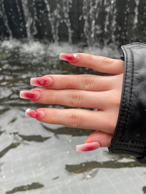 Red Aura Nails With Gold, Red Y2k Nails Almond, Red Textured Nails, Red And White Aura Nails, Cherry Aura Nails, Clear Aura Nails, Croquette Nails Red, Red Aurora Nails, Red And Pink Aura Nails