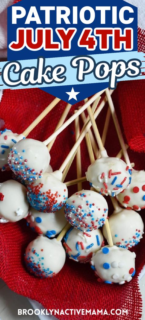 These Patriotic Cake Pops are the perfect festive treat for your next Independence Day celebration! Vanilla cake balls, enrobed in white chocolate coating and adorned with patriotic sprinkles, they’re a great way to sweeten your July 4th festivities! Vanilla Cake Balls, 4th Of July Cake Pops, Patriotic Cake Pops, Fun Cake Pops, Blue Cake Pops, Cake Pops Recipe, Patriotic Cake, Cake Ball Recipes, Red Velvet Cake Mix