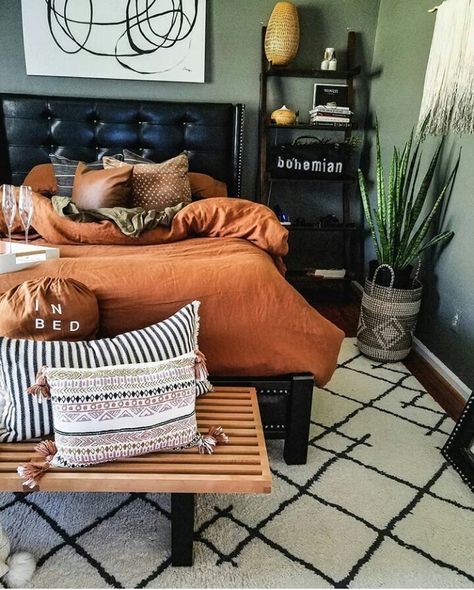 Orange And Black Bedding, Black Gold And Orange Bedroom, Black Earth Tone Bedroom, Black Green Burnt Orange Bedroom, Black White Green Terracotta Bedroom, Black Orange Green Bedroom, Burnt Orange Bedding Bedroom, Black And Orange Bedroom Ideas, Rust Black And White Bedroom