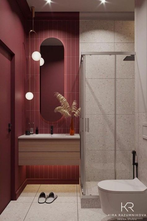 Bathroom remodel ideas on a budget  diy small tile 2023 Magenta Bathroom Ideas, Scandivian Bathroom, Plum Bathroom Ideas, Red Tile Bathroom, Red Bathroom Ideas, Trendy Bathroom Decor, Modern Bathroom Colours, Plum Bathroom, Burgundy Bathroom