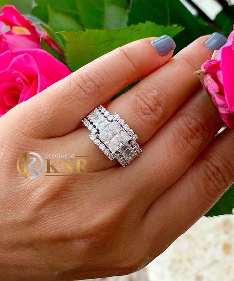 HUGE HEAVY 14K SOLID WHITE GOLD, 4.80CTW PRINCESS, EMERALD CUT BAGUETTES AND ROUND MOISSANITE , ART-DECO PRONG SET HALO STYLE ENGAGEMENT RING AND TWO BANDSItem Information: Center Stone:Carat Weight: 2.80ct, 8.0MMClarity: VVSColor: G, pure colorless shades up to six grades whiter than conventional moissanite. With 10 percent more brilliance than diamond explodes with light and shine.Cut: PrincessSide Stones:Carat Weight (including two bands): 2.00ctwClarity: VVSColor: G, pure colorless shades up Halo Style Engagement Rings, Princess Cut Moissanite, Bezel Engagement Ring, Princess Cut Gold, Halo Style, Forever One Moissanite, Information Center, Natural Diamond Engagement Ring, Baguette Cut Diamond