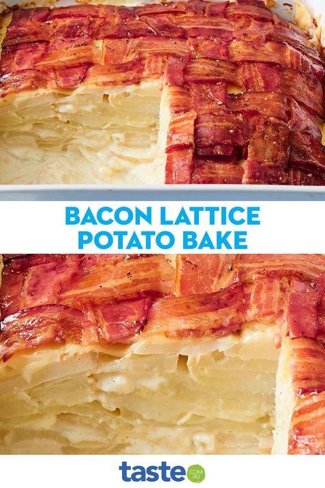 Everyone’s favourite creamy potato dish but with a pretty bacon lattice weave. We think it would make a stunning Christmas side. Allow the bake to cool before adding the bacon. Bacon Potatoes Bake, Potato Bacon Pie, Potato Bacon And Cheddar Tart, Bacon Onion Tart, Potato Bacon Onion Bake, Bacon Lattice, Bacon Weave, Christmas Sides, Layered Potato