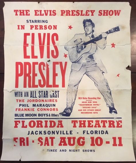 Elvis Presley Original 1956 Jacksonville Florida Concert Poster. Measures 20 1/4 x 25 inches. Elvis Presley Posters, Elvis Presley Concerts, Music Concert Posters, Vintage Concert Posters, Heartbreak Hotel, Concert Poster, Rock Posters, Jacksonville Florida, Vintage Rock