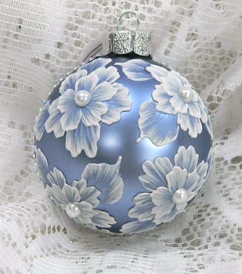 Margot Clark Mud Ornaments, Blue Winter Flowers, Blue Ornaments, Blue Christmas Ornaments, Painted Christmas Ornaments, Painted Ornaments, Hand Painted Ornaments, Victorian Christmas, Beaded Ornaments