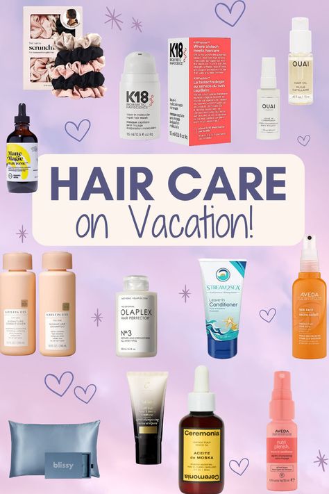 The Image reads- Hair care on vacation. There is a purple background with images of the best hair care products on the market that are perfect for hair growth and keeping your hair healthy on vacations. Products include k18 hair serum, Ouai vacation hair spray, Stream2Sea leave-in conditioner, scalp oil, Kristin Ess Shampoo and Conditioner, Olaplex hair mask, and Organic Olivia Magic Mane Hair drops. Travel Hair Products, Hair Vacation, Hair Care Essentials, Vacation Hair, Best Hair Products, Hair Repair Mask, Vacation Hairstyles, Hair Damage, Travel Hairstyles