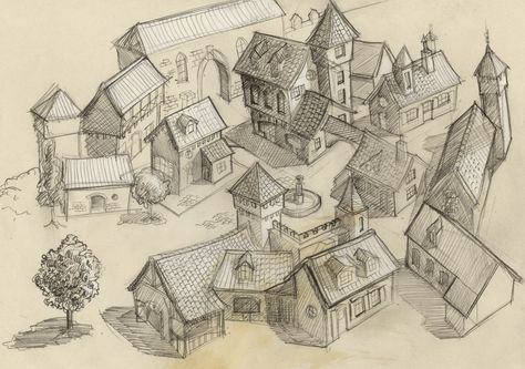 Village by carbrax Village House Design Drawing, Dnd Small Village Map, Medieval Town Drawing, Medieval Village Drawing, Medieval Village Illustration, Medieval Village Map, Fantasy Village Drawing, Villages Drawing, Village Map Drawing