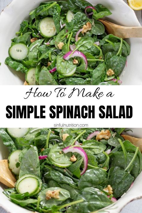 This quick and easy simple spinach salad recipe takes minutes to make, and is made with baby spinach, thinly sliced red onion and cucumber, chopped walnuts, grated parmesan cheese, and a tangy lemon vinaigrette. | @sinfulnutrition #sinfulnutrition #spinachsalad #summersalads Spinach Salad Vinaigrette Recipe, Spinach And Cucumber Salad, Basic Spinach Salad, Simple Spinach Salad Recipes, Salad With Spinach Leaves, Summer Spinach Salad Recipes, Salad Recipes With Spinach, Baby Spinach Salad Recipes, Spinach Side Salad