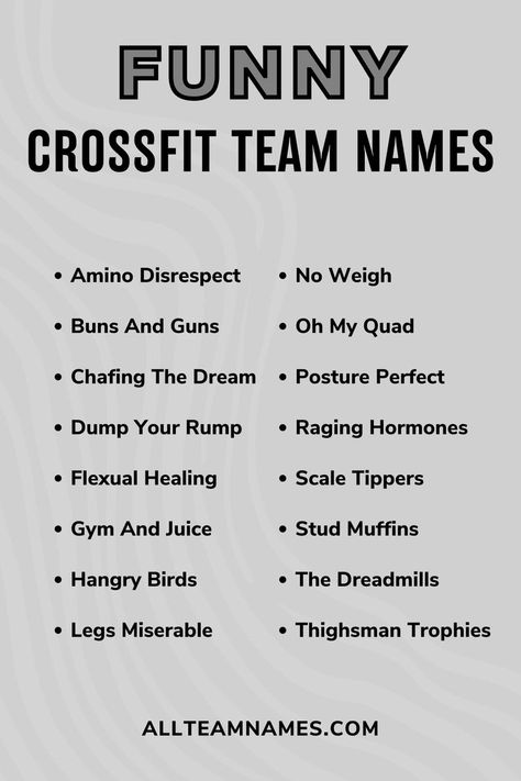 list of funny names for crossfit teams Crossfit Team Names Funny, Spartan Run, Running Team Names, Crossfit Team Names, Volleyball Team Names, Hockey Team Names, Workout Names, Fantasy Football Names, Team Alpha