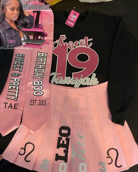 Sweater And Skirt Birthday Outfit, Sweet 16 Clothes Outfits, Custom Birthday Shirts Baddie, Sweet 16 Matching Outfits, 13 Year Birthday Outfits, Birthday 2023 Outfit, 13 Birthday Outfit Ideas Purple, Sweet 16 Outfit Ideas Party, Sweet 16 Skirt Outfits