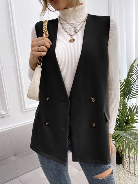 Sleeveless Vest Outfit Winter, Black Sleeveless Blazer Outfit Winter, Double Breasted Vest Outfits For Women, Sleeveless Blazer Outfit Winter, Black Blazer Vest Outfit, Black Vest Outfit Winter, Vest Blazer Outfits For Women, Sleevless Blazer Outfit, Black Sleeveless Blazer Outfit