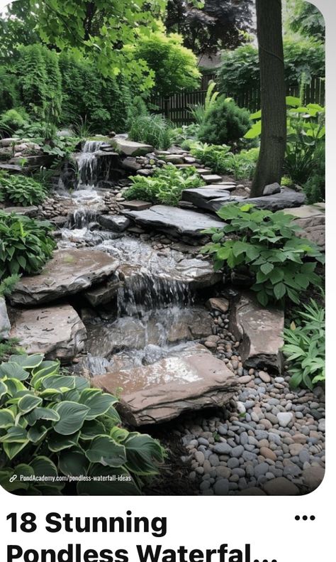 Unique Pond Waterfall Ideas, Water Feature Landscaping, Rock Water Features For The Yard, Pondless Waterfall Diy How To Build, Flagstone Waterfall, Small Ponds With Waterfall, Waterfall Landscaping Ideas, Rock Waterfall Landscaping, Waterfall Garden Ideas