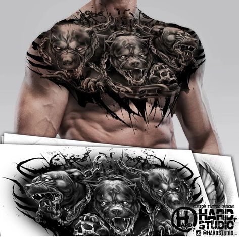 #chest #nature #tattoo design #tattoo idea #bng design #dog #Cerberus #animal tattoo #nice tattoo #cat #forest #tattoo idea #hardstudio #moon #axe Cerberus Chest Tattoo, Animal Chest Tattoo Men, Animal Chest Tattoo, Semi Realism Tattoo, Chest Tattoo Men Ideas Full, Tattoo Designs Dog, Werewolf Tattoo Design, Cerberus Tattoo Design, Chest Tattoo Man