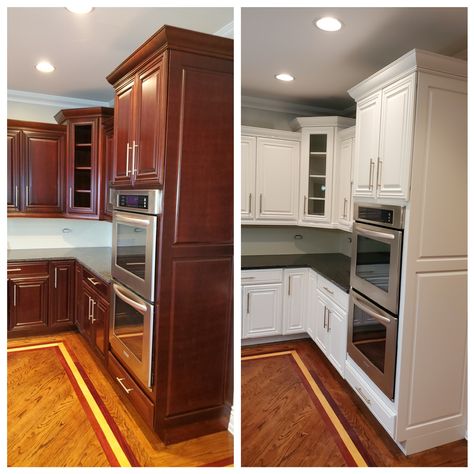 Beige Counters Kitchen, Painting Cherry Cabinets, Cherry Wood Kitchen Cabinets, Kitchen Cabinets White, Chicago Condo, Cherry Wood Kitchens, Dark Wood Kitchen Cabinets, Cherry Wood Cabinets, Painting Kitchen Cabinets White