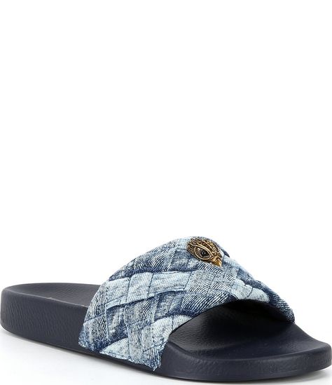 From Kurt Geiger London, the Meena Eagle Ornament Quilted Denim Pool Slides feature:Denim fabric upperEagle head ornamentSlip-on stylingFabric liningSynthetic outsoleImported. Kurt Geiger Slides, Kurt Geiger Shoes Outfit, Denim Slides, Pretty Sandals, Flat Mules, Slides Sandals, Fresh Shoes, Shoe Inspo, Kurt Geiger