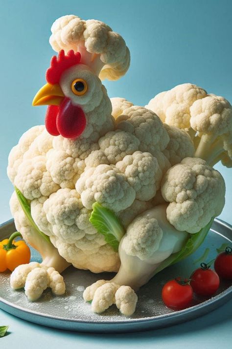 Chicken Sculpture, Cauliflower Chicken, Vegetable Animals, Decorações Com Comidas, Creative Snacks, Amazing Food Decoration, Food Sculpture, Amazing Food Art, Vegetable Carving