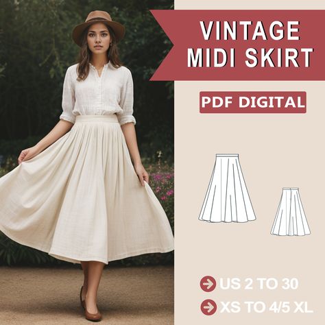 Digital sewing pattern for midi skirt pattern. ➡️This pattern comes with an illustrated sewing guide with step-by-step instructions, making it super easy to make your own garment. If you're looking for a beginner-friendly project that will take 2 hours to make, then this is perfect for you! ➡️ US Sizes: 2, 4, 6, 8, 10, 12, 14, 16, 18, 20, 22, 24, 26, 28, 30 ➡️ Standard sizes: XS, S, M, L, XL, 2XL, 3XL, 4XL/5XL ➡️ These templates are suitable for A4, A0 and US Letter size paper. ➡️ Once your paym Sew A Line Skirt, Cottagecore Pattern Sewing, Beginner Friendly Sewing Projects, Wrap Skirt Patterns Sewing, Cottagecore Sewing Pattern, Midi Skirt Sewing, Circle Skirt Elastic Waist, Sewing Skirts Patterns, Midi Skirt Sewing Pattern