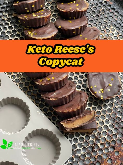 Copycat Reeses Peanut butter cups (KETO FRIENDLY) made with Swerve, Choc Zero Chocolate Chips and sugar free peanut butter. You cannot tell the difference. #ketopeanutbuttercups #Reese's #ketocandy #spinachtiger Keto Pb Cups, Keto Reeses Peanut Butter Cups, Choc Zero, Keto Peanut Butter Cups, Peanut Butter Cups Recipe, Sugar Free Peanut Butter, Reese's Peanut Butter Cups, Keto Candy, Fat Bomb