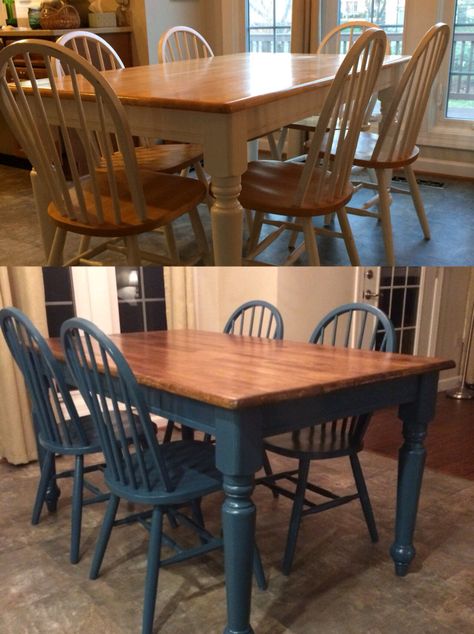 Update old table using chalk paint Update Wood Dining Table, Dining Table Painting Ideas Dining Room, Vintage Kitchen Table Makeover, Painted Table Ideas Colors, Diy Old Kitchen Table, Wood Table With Painted Chairs, Vintage Table Restoration, Chalk Painted Table And Chairs, Kitchen Table Colors Painted