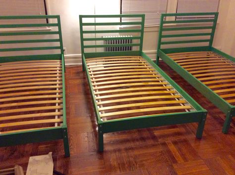 IKEA tarva bed stained green Kidcore Bedroom, Tarva Bed, Green Kids Room, Green Kids Rooms, Ikea Tarva, Bed Ikea, Cabin Beds, Bookshelf Bed, Shared Kids Room