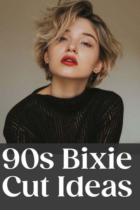 Woman with wavy, short blond hair and red lipstick wearing a black top, promoting 90s Bixie Cut Ideas. Shaggy Short Bob Hairstyles, "bixie" Haircut 360, 90s Grunge Haircut Short, Bixie 90s Haircut 2024, 90s Long Pixie, Pixie Cut Hairstyle Ideas, Edgy French Bob, Pixie French Bob, Flamboyant Natural Hairstyle