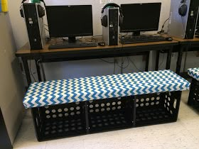 Crate Seats Classroom, Milk Crate Bench, Milk Crate Seats, Milk Crates Diy, Milk Crate Furniture, Library Seating, Diy Bank, Crate Bench, Crate Seats