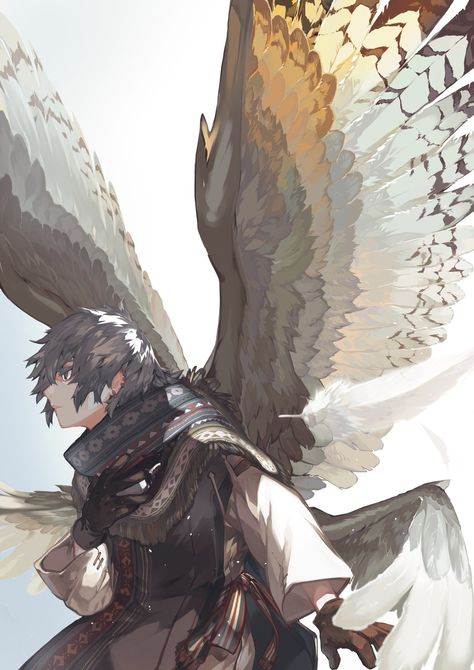 Falcon Wings Drawing Reference, Guy With Wings Art, Male Oc With Wings, Male Character With Wings, Bird Man Art, Bird Oc Male, Bird Man Character Design, Winged Soldier, Winged Character Design