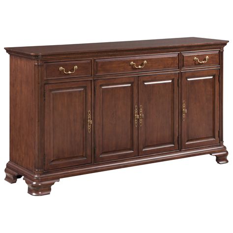 Hadleigh Buffet by Kincaid Furniture Living Room Buffet, Long Sideboard, Dental Molding, Belfort Furniture, Silverware Tray, Kincaid Furniture, Sophisticated Decor, Solid Wood Sideboard, Buffet Cabinet