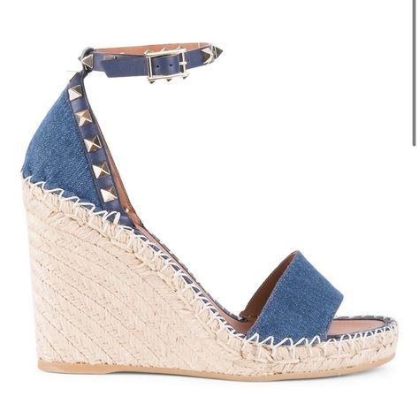 New In Box. Women’s Size 41. Valentino Garavani Rockstud Denim Espadrille Wedge Sandals. In Blue Denim. Originally $745. Edgy Studs Trim Denim Espadrille Wedge Sandals. Cotton Upper Adjustable Ankle Strap Open Toe Padded Insole Leather Lining Rubber Sole Please See Sticker Residue On Bottom Of Sole. Valentino Rockstud Sandals, Strap Sandals Flat, Denim Espadrilles, Valentino Sandals, Valentino Garavani Shoes, Rubber Sandals, Bow Sandals, Leather Platform Sandals, Leather Sandals Flat