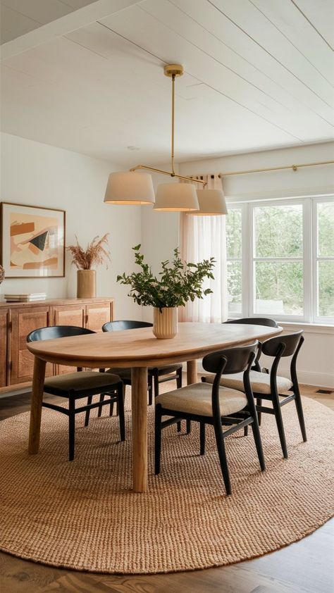 Japanese Minimalist Dining Room, Natural Rug Dining Room, Earthy Tone Dining Room, Dining Room Elevation, Cozy Minimalist Dining Room, Dining Room Nook Ideas Small Spaces, Dining Room In Entryway, Earthy Modern Dining Room, Kitchen Table With Rug