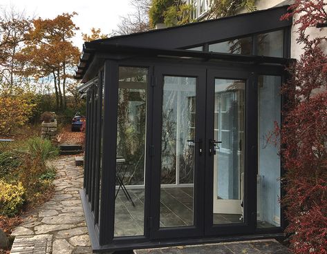 black lean to conservatory Black Lean To Conservatory, Lean To Conservatory Ideas, Conservatory Renovation, Black Conservatory, Sunroom Exterior, Front Porch Pergola, Small House Extensions, Lean To Conservatory, Small Sunroom